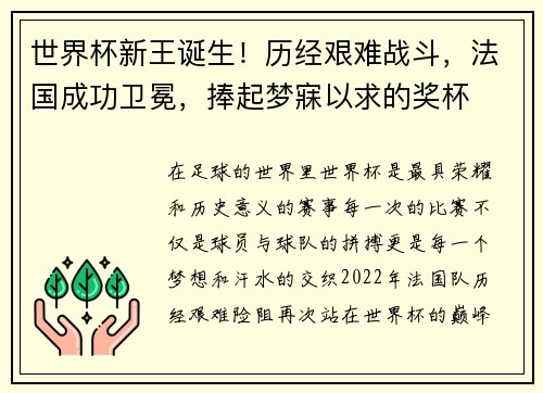 世界杯新王诞生！历经艰难战斗，法国成功卫冕，捧起梦寐以求的奖杯