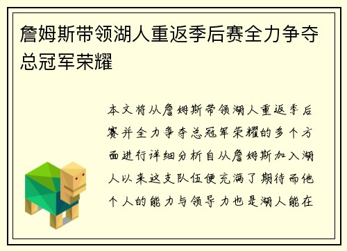 詹姆斯带领湖人重返季后赛全力争夺总冠军荣耀